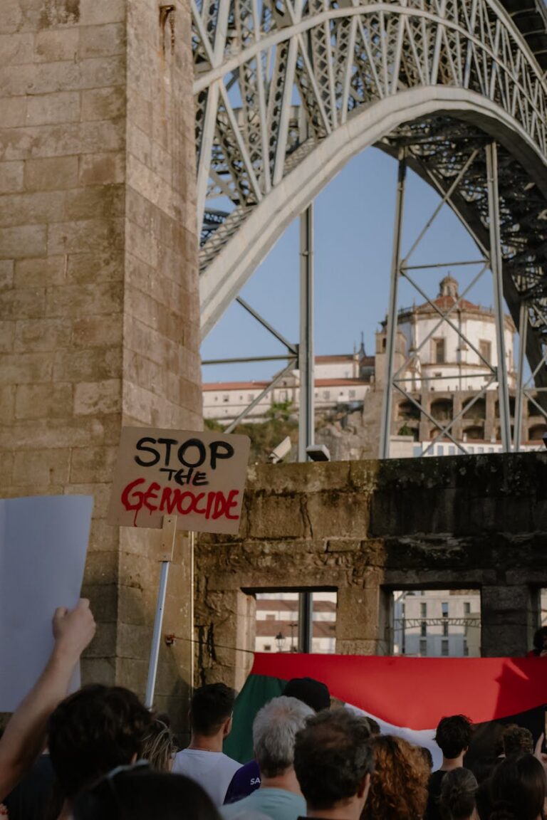 protest scene by dom luis i bridge in porto