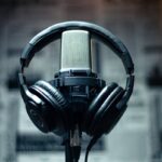 black headset on condenser microphone